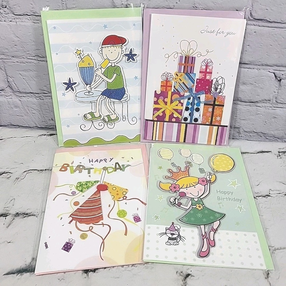 New Greeting Cards Lot Of 4 Happy Birthday 3D Clip-Art With Envelopes